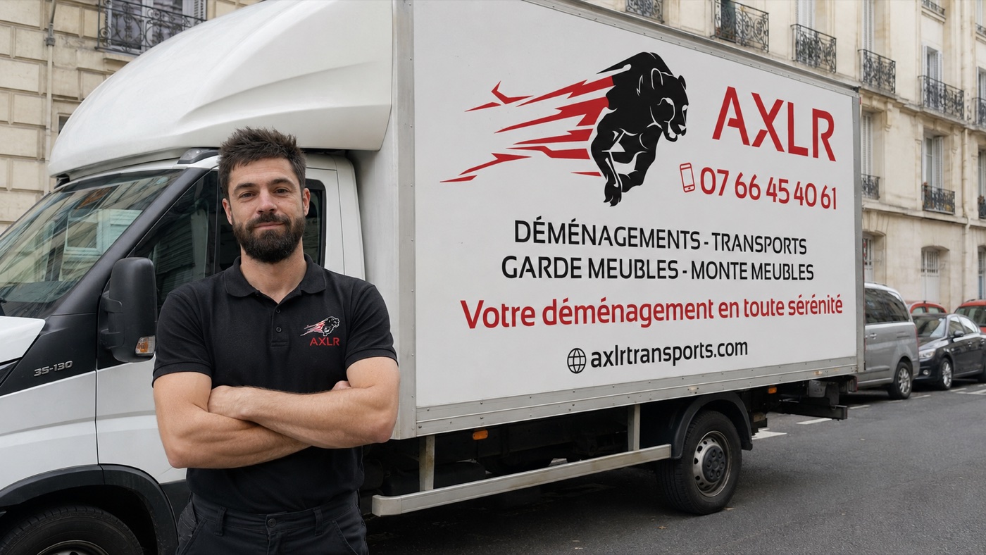 Axel Rovet, fondateur d'AXLR Transports, devant son camion de déménagement